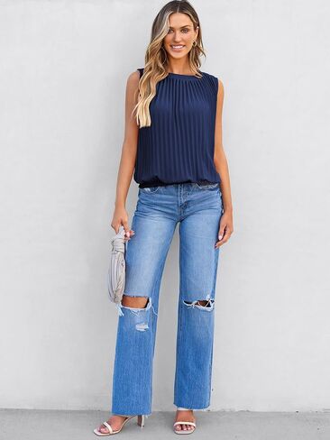 Angashion Women Tank Tops Crewneck - Summer Casual Blouse Sleeveless Loose Solid Color Shirt in Saudi Arabia
