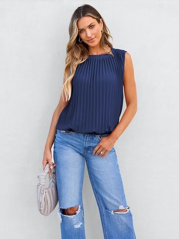 Angashion Women Tank Tops Crewneck - Summer Casual Blouse Sleeveless Loose Solid Color Shirt in Saudi Arabia