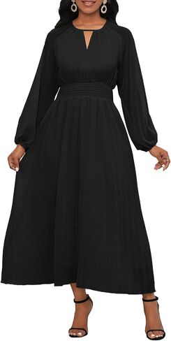 VERWIN Chiffon Dresses for Women Long Sleeve Round Neck Maxi Dress Elastic Waist Pleated A Line Flowy Dress in Kuwait