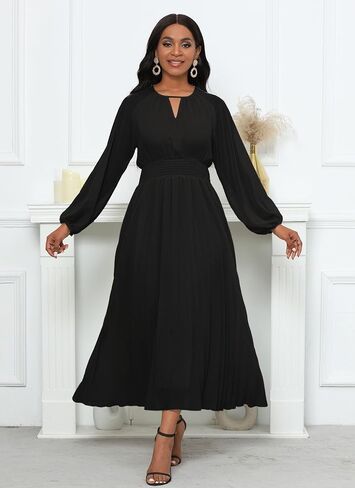 VERWIN Chiffon Dresses for Women Long Sleeve Round Neck Maxi Dress Elastic Waist Pleated A Line Flowy Dress in Kuwait