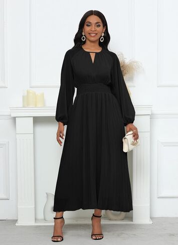 VERWIN Chiffon Dresses for Women Long Sleeve Round Neck Maxi Dress Elastic Waist Pleated A Line Flowy Dress in Kuwait
