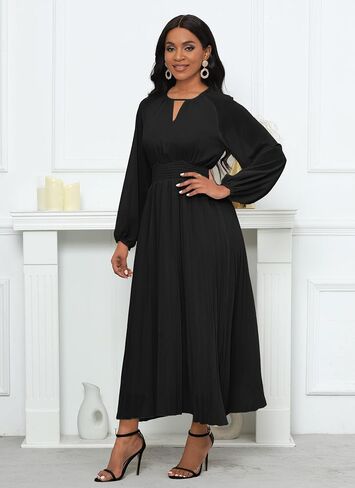 VERWIN Chiffon Dresses for Women Long Sleeve Round Neck Maxi Dress Elastic Waist Pleated A Line Flowy Dress in Kuwait