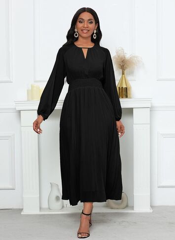 VERWIN Chiffon Dresses for Women Long Sleeve Round Neck Maxi Dress Elastic Waist Pleated A Line Flowy Dress in Kuwait