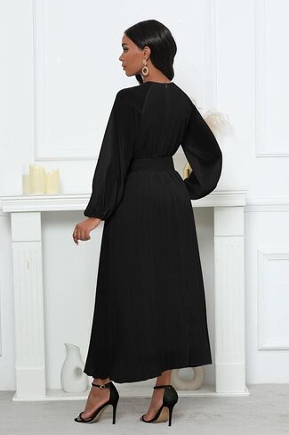 VERWIN Chiffon Dresses for Women Long Sleeve Round Neck Maxi Dress Elastic Waist Pleated A Line Flowy Dress in Kuwait