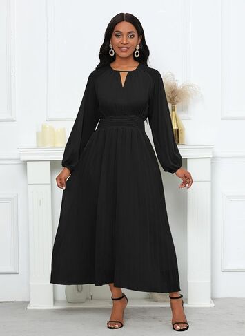VERWIN Chiffon Dresses for Women Long Sleeve Round Neck Maxi Dress Elastic Waist Pleated A Line Flowy Dress in Kuwait