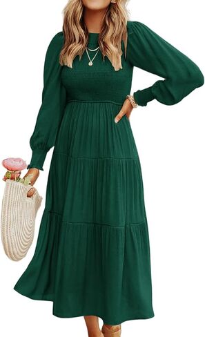 MosKav Women's 2023 Casual Dress Long Sleeve Midi Dress High Waist Smocked A-Line Maxi Dress Flowy Ruffle Tiered with Pockets in Kuwait
