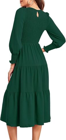 MosKav Women's 2023 Casual Dress Long Sleeve Midi Dress High Waist Smocked A-Line Maxi Dress Flowy Ruffle Tiered with Pockets in Kuwait