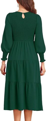 MosKav Women's 2023 Casual Dress Long Sleeve Midi Dress High Waist Smocked A-Line Maxi Dress Flowy Ruffle Tiered with Pockets in Kuwait