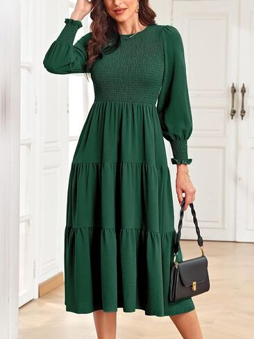 MosKav Women's 2023 Casual Dress Long Sleeve Midi Dress High Waist Smocked A-Line Maxi Dress Flowy Ruffle Tiered with Pockets in Kuwait
