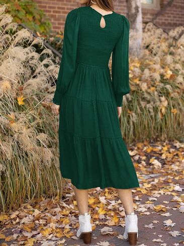 MosKav Women's 2023 Casual Dress Long Sleeve Midi Dress High Waist Smocked A-Line Maxi Dress Flowy Ruffle Tiered with Pockets in Kuwait