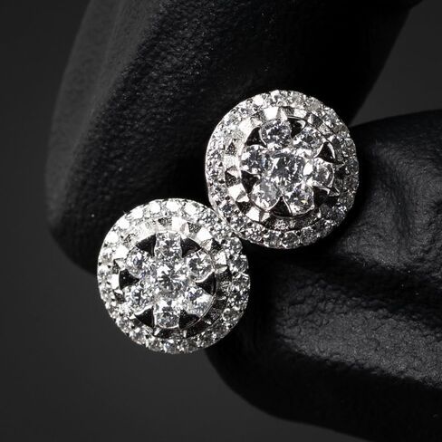 Brilliant Elegant Round Iced 5A Cz White Gold Plated 925 Sterling Silver Circle Ice Out Flower Cluster Miracle Set Stud Hip Hop Hypoallergenic Screw Back Earrings Jewelry Gifts For Men Women in Saudi Arabia