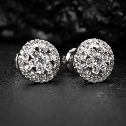 Brilliant Elegant Round Iced 5A Cz White Gold Plated 925 Sterling Silver Circle Ice Out Flower Cluster Miracle Set Stud Hip Hop Hypoallergenic Screw Back Earrings Jewelry Gifts For Men Women in Saudi Arabia