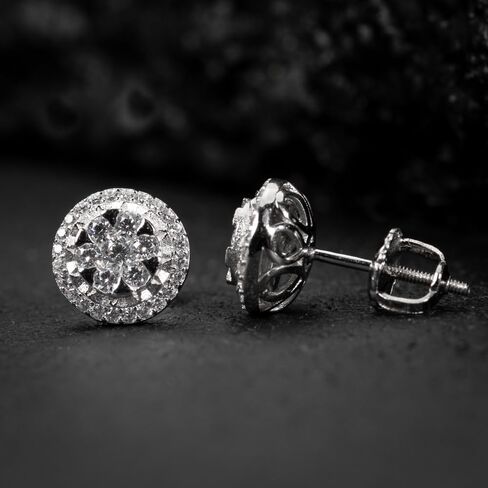 Brilliant Elegant Round Iced 5A Cz White Gold Plated 925 Sterling Silver Circle Ice Out Flower Cluster Miracle Set Stud Hip Hop Hypoallergenic Screw Back Earrings Jewelry Gifts For Men Women in Saudi Arabia