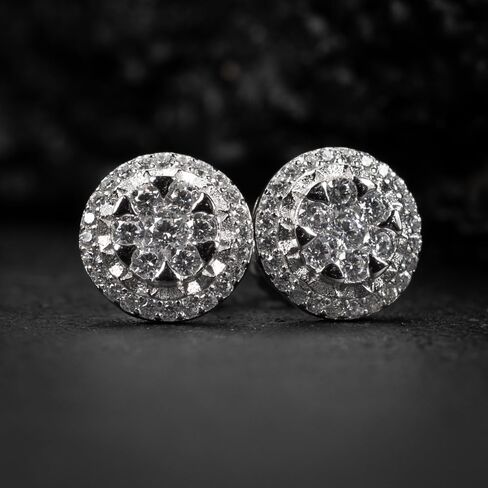 Brilliant Elegant Round Iced 5A Cz White Gold Plated 925 Sterling Silver Circle Ice Out Flower Cluster Miracle Set Stud Hip Hop Hypoallergenic Screw Back Earrings Jewelry Gifts For Men Women in Saudi Arabia
