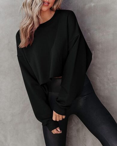 سويت شيرت حريمي قصير من Fessceruna برقبة دائرية وأكمام طويلة كاجوال وكبير الحجم وحاشية خام in Kuwait