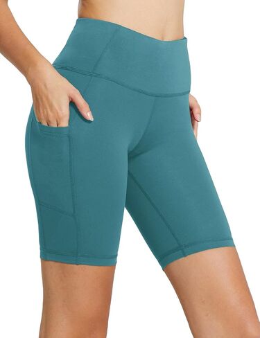 BALEAF Biker Shorts Women Yoga Gym Workout Spandex Running Volleyball Tummy Control Compression Shorts with Pockets 8" Green XL in Kuwait
