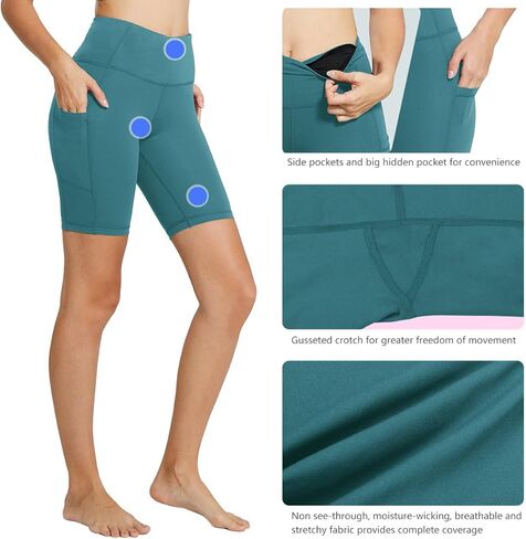BALEAF Biker Shorts Women Yoga Gym Workout Spandex Running Volleyball Tummy Control Compression Shorts with Pockets 8" Green XL in Kuwait