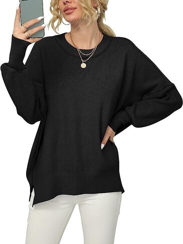 Women Crewneck Batwing Sleeve Oversized Side Slit Ribbed Knit Pullover Sweater Top in Saudi Arabia