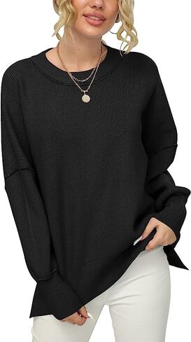 Women Crewneck Batwing Sleeve Oversized Side Slit Ribbed Knit Pullover Sweater Top in Saudi Arabia