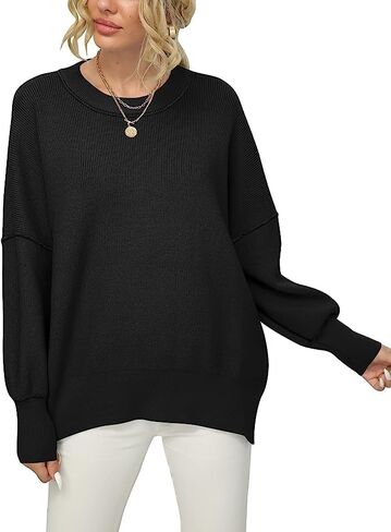 Women Crewneck Batwing Sleeve Oversized Side Slit Ribbed Knit Pullover Sweater Top in Saudi Arabia