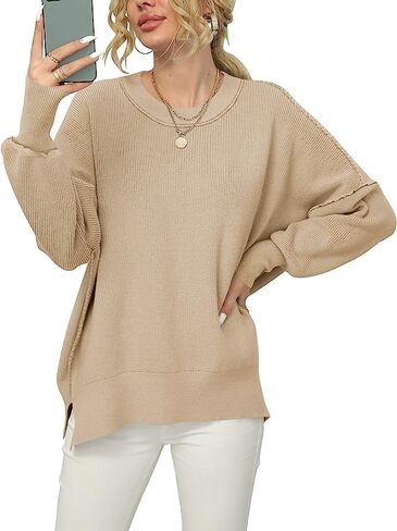 Women Crewneck Batwing Sleeve Oversized Side Slit Ribbed Knit Pullover Sweater Top in Saudi Arabia