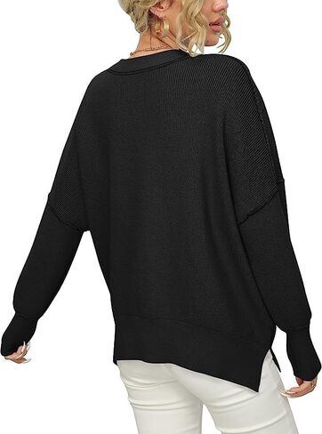 Women Crewneck Batwing Sleeve Oversized Side Slit Ribbed Knit Pullover Sweater Top in Saudi Arabia