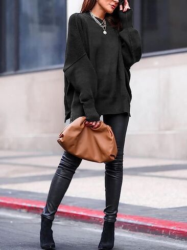 Women Crewneck Batwing Sleeve Oversized Side Slit Ribbed Knit Pullover Sweater Top in Saudi Arabia