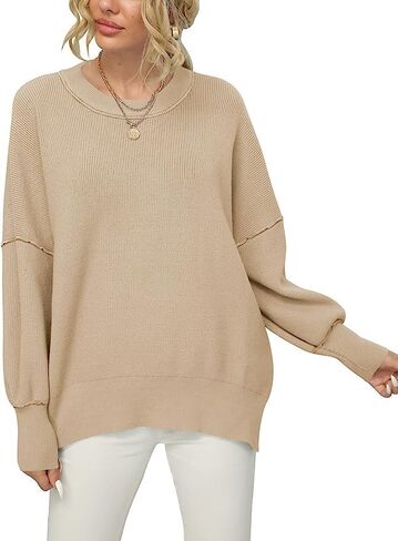 Women Crewneck Batwing Sleeve Oversized Side Slit Ribbed Knit Pullover Sweater Top in Saudi Arabia