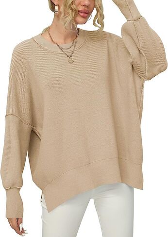 Women Crewneck Batwing Sleeve Oversized Side Slit Ribbed Knit Pullover Sweater Top in Saudi Arabia