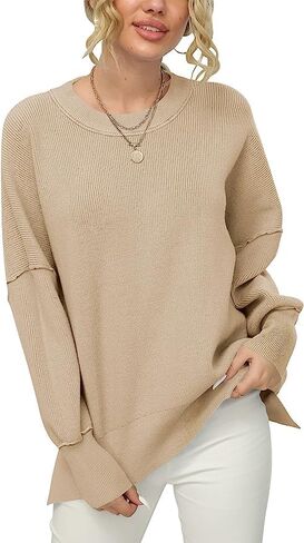 Women Crewneck Batwing Sleeve Oversized Side Slit Ribbed Knit Pullover Sweater Top in Saudi Arabia