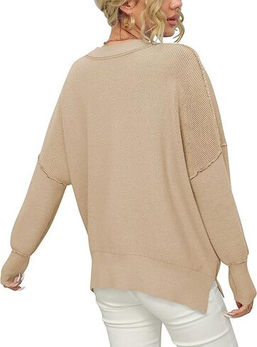 Women Crewneck Batwing Sleeve Oversized Side Slit Ribbed Knit Pullover Sweater Top in Saudi Arabia