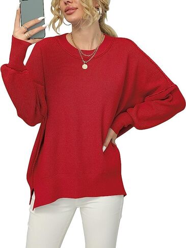 Women Crewneck Batwing Sleeve Oversized Side Slit Ribbed Knit Pullover Sweater Top in Saudi Arabia
