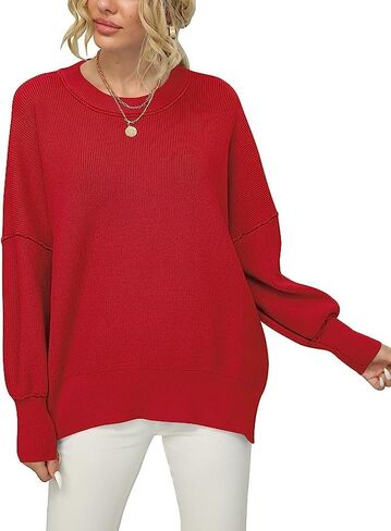 Women Crewneck Batwing Sleeve Oversized Side Slit Ribbed Knit Pullover Sweater Top in Saudi Arabia