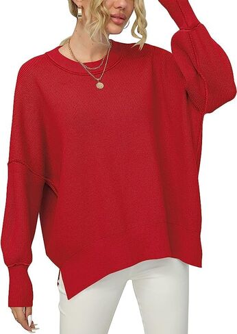 Women Crewneck Batwing Sleeve Oversized Side Slit Ribbed Knit Pullover Sweater Top in Saudi Arabia