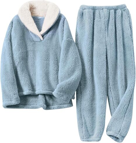 Gihuo Women' s Fluffy Pajamas Set Fleece Pullover Pants Loose Plush Sleepwear(Blue-L), Blue, L in Kuwait