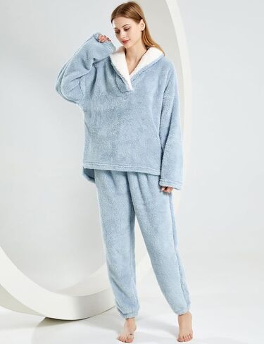 Gihuo Women' s Fluffy Pajamas Set Fleece Pullover Pants Loose Plush Sleepwear(Blue-L), Blue, L in Kuwait