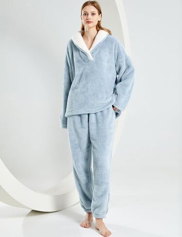 Gihuo Women' s Fluffy Pajamas Set Fleece Pullover Pants Loose Plush Sleepwear(Blue-L), Blue, L in Kuwait