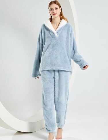 Gihuo Women' s Fluffy Pajamas Set Fleece Pullover Pants Loose Plush Sleepwear(Blue-L), Blue, L in Kuwait