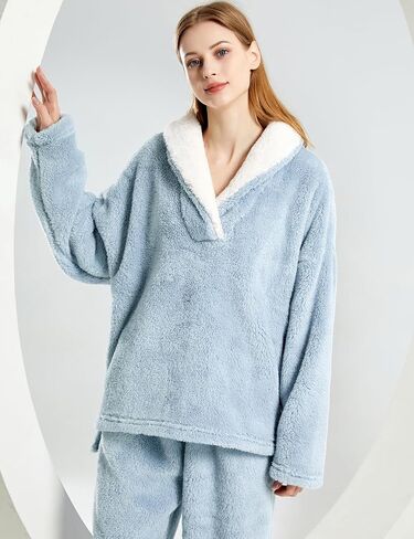Gihuo Women' s Fluffy Pajamas Set Fleece Pullover Pants Loose Plush Sleepwear(Blue-L), Blue, L in Kuwait