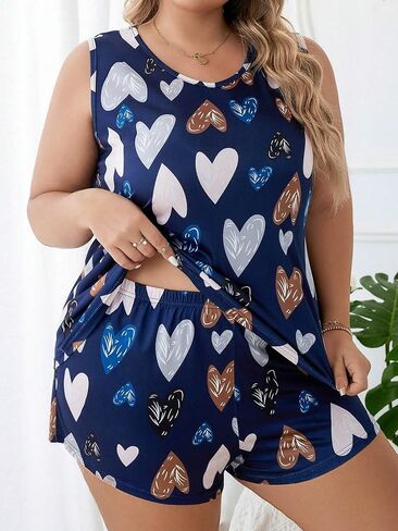 RoseSeek Women's 2 Piece Plus Size Heart Print Crewneck Tank Top and Shorts Pajama Set in Saudi Arabia