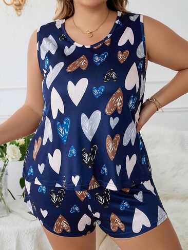 RoseSeek Women's 2 Piece Plus Size Heart Print Crewneck Tank Top and Shorts Pajama Set in Saudi Arabia