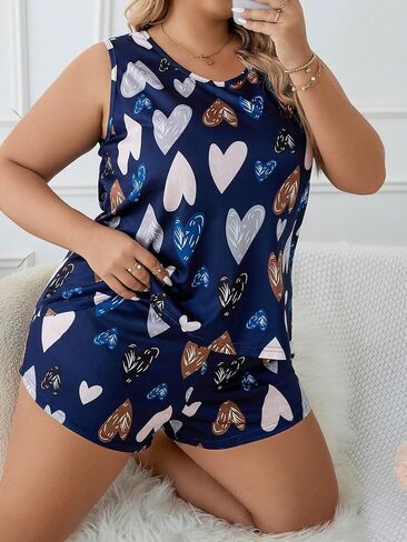 RoseSeek Women's 2 Piece Plus Size Heart Print Crewneck Tank Top and Shorts Pajama Set in Saudi Arabia