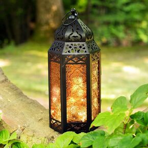 Red Moroccan Lantern with Lights - 11 Inch Tall, LED Fairy Lights, Batteries & Timer Included, Black Metal with Colored Glass, Eid & Ramadan Fanoos Decorations, Decorative Seasonal Centerpiece