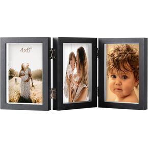 5x7 Triple Hinged Picture Frames Shadow Box MDF Wood Grey with Real Glass 3 Vertical Opening Family Lover Gift