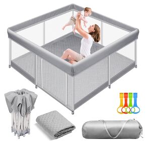 Hestiasko Foldable Baby Playpen with Mat, 50"×50" Foldable Playpen for Babies and Toddlers, Portable Play Yard for Indoor & Outdoor, Foldable Play Pen with 4 Handlers + Suitable Size Mat, Grey
