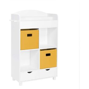 RiverRidge Home Bookshelf for Kids Toy Storage Cabinet with Cubbies Book Nook Area- 4 Cubbies, 2-Slot Bookrack, 2 Drawers & Hooks for Kids Toys, Games & Book Storage Fits RiverRidge Folding Cubby Bins