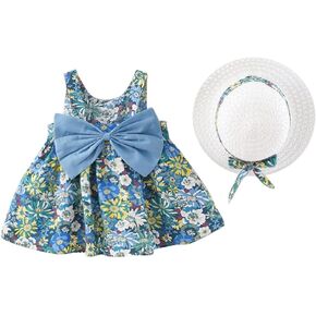 Baby Girl Tutu Summer Dress Sleeveless Casual Floral Backless Princess Dresses Swing Sundress Skirt with Straw Hat Beachwear in Kuwait