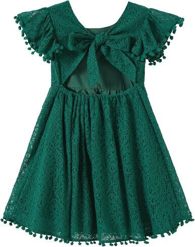 Niyage Backless Toddler Dress Open Back Girls Lace Bow Tie-Back Pom Pom Flutter Sleeves Party Princess Dresses in Saudi Arabia