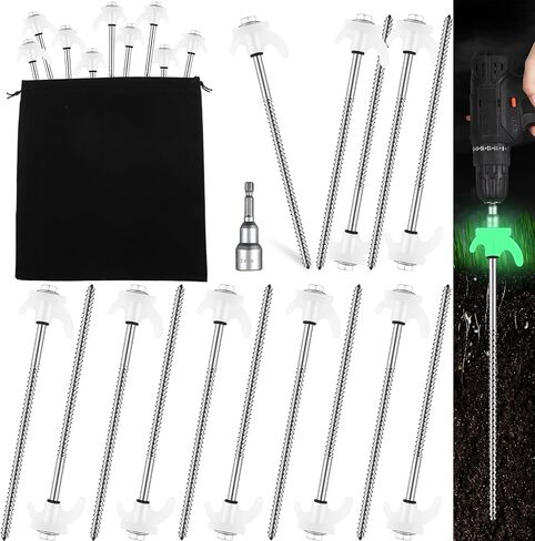 Yaocom 20 Pcs 8" Screw in Tent Stakes Heavy Duty Tent Stakes Drillable Ground Anchors Screw Metal Tents Pegs Threaded Tents Spikes with Head Driver for Swing Inflatable Decor in Kuwait
