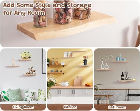 أرفف عائمة نصف دائرية فريدة من نوعها بتصميم سفلي مقوس، عرض أنيق ومنظم رف حائط نصف دائري مع أقواس غير مرئية، رف خشبي ريفي يزين الكتب النباتية والأعمال الفنية الصغيرة in Kuwait